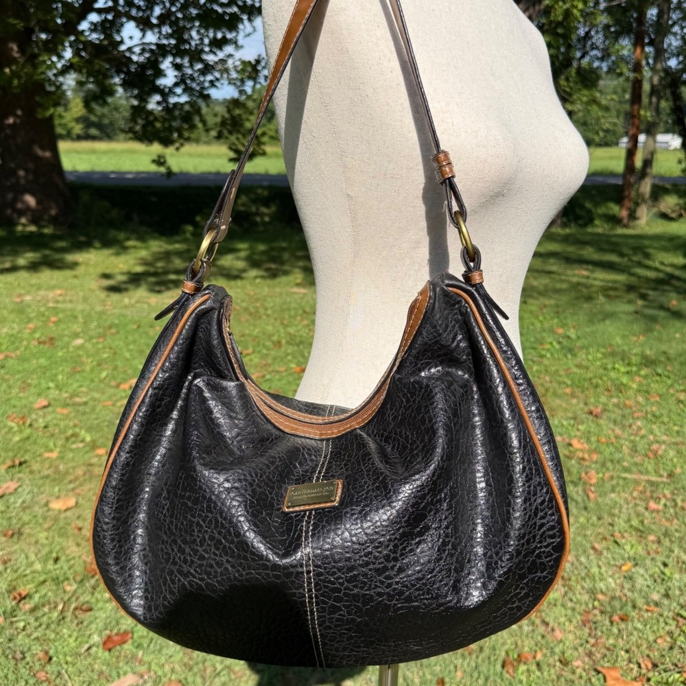 Caribbean Joe Black Pebbled Faux Leather Hobo Bag Brown Trim Brass Hardware